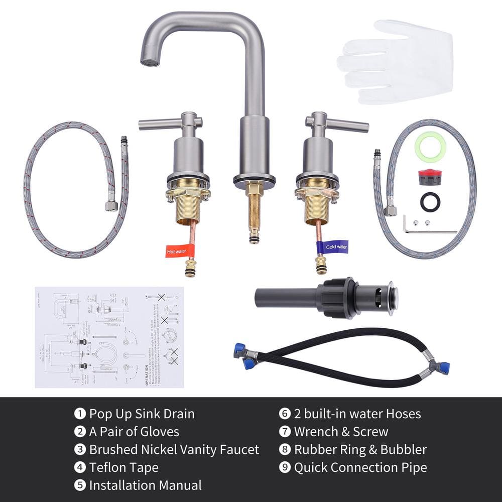 Brushed Nickel 8-Inch Widespread Double Handle Bathroom Faucet