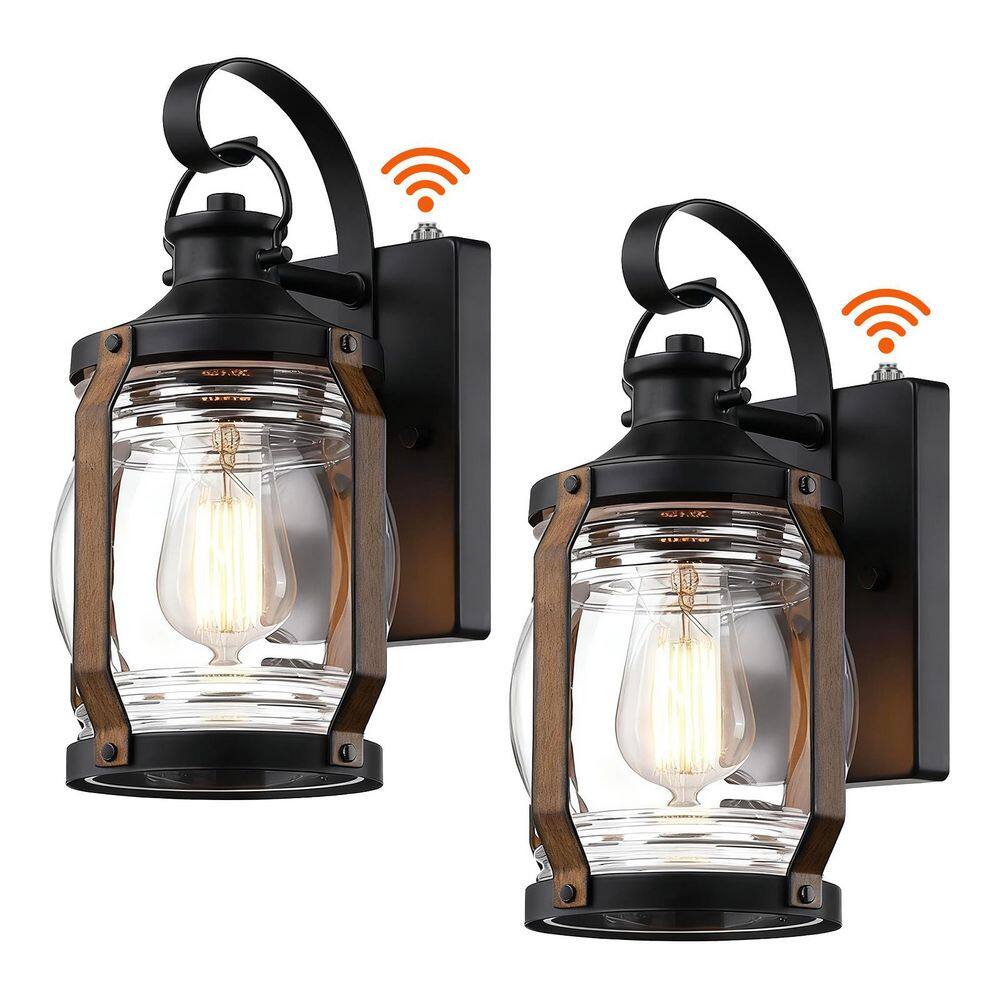 "12"" H 1-Light Matte Black and Barnwood Accents Outdoor Wall Lantern Sconce with Dusk to Dawn (2 Pack)" price history on PriceWatchPro
