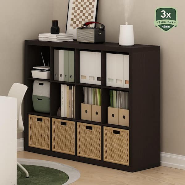Cubicle 43.34 in. Tall Dark Oak Wood 12-Shelf Cube Bookcase With Tick Frame