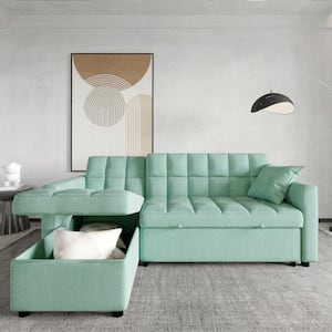 81.9 in. Green Cotton Reversible Sectional Sofa with Sleeper Queen Size Sofa Bed