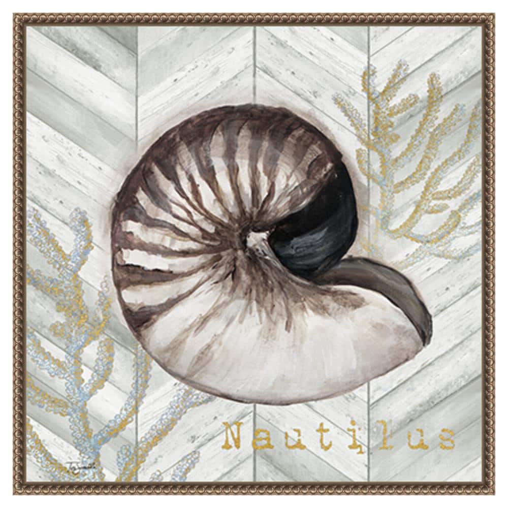 Gray Gold Chevron Nautilus Shell Canvas Wall Art with Bronze Frame