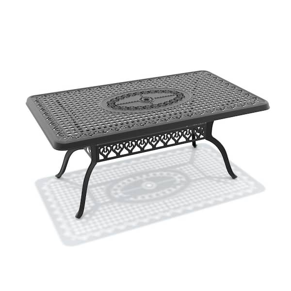 Black Rectangle Cast Aluminum 66.93 in. x 37.4 in. Outdoor Patio Dining Table with 1.88 in. Umbrella Hole