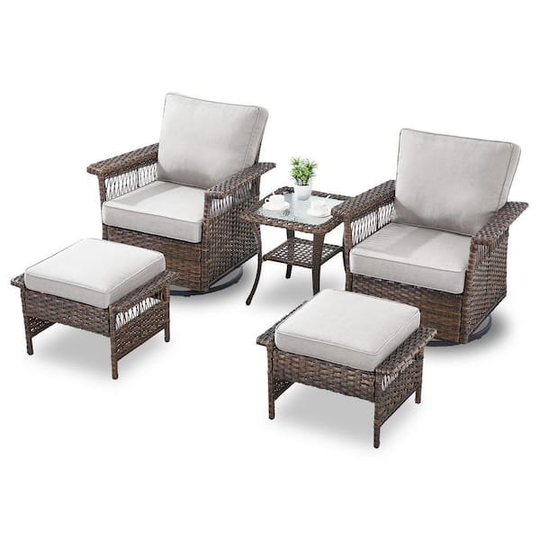 moosprr Seagull 5-Piece Brown Wicker Patio Conversation Set with Beige Cushions and Patio Swivel Chairs/Ottoman