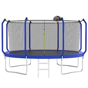 14 ft. Outdoor Round Blue Trampoline with Safety Enclosure Net, Basketball Hoop