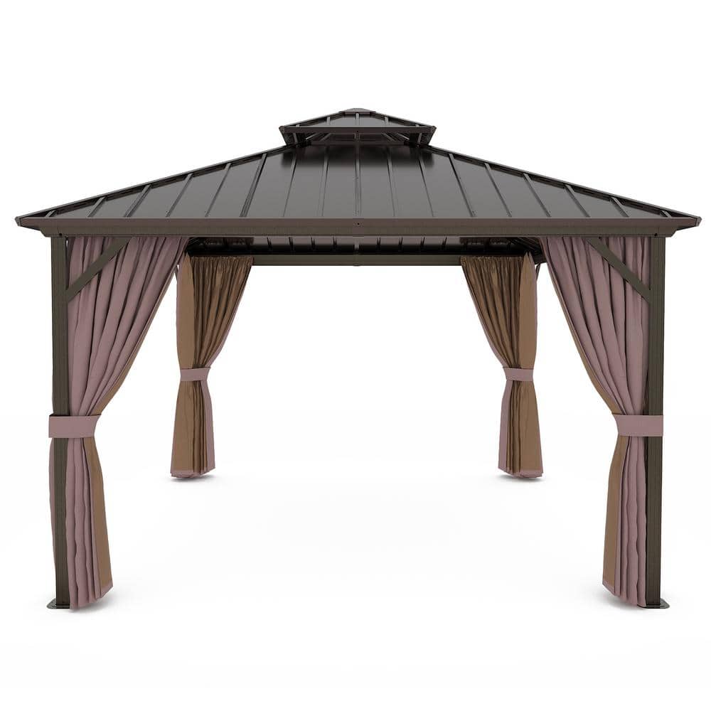 12 ft x 12 ft Brown Metal Patio Gazebo with Curtains