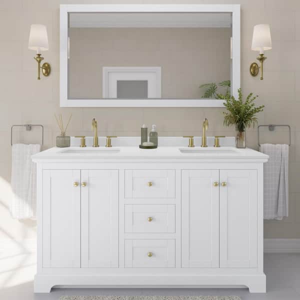 Wyndham Collection Avery 60 in. W x 22 in. D x 35 in. H Double Bath Vanity in White with White Quartz Top