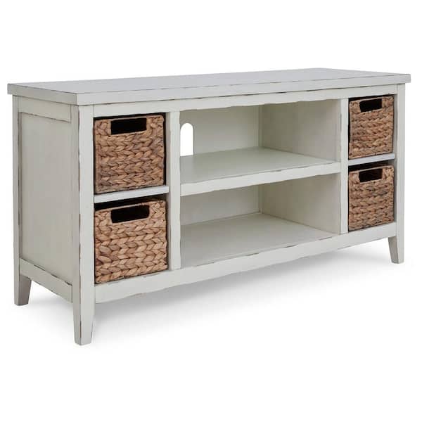 Benjara 47.13 in. White and Brown Wood TV Stand Fits TVs up to 50 In. with Open Shelf and 4-Baskets