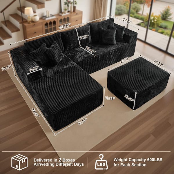 BP 108 in. Wide Arm 2-Piece Modern Plush Corduroy L-Shape Modular Sectional Sofa in. Black with Right Chaise and Ottoman
