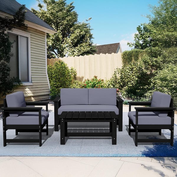 JEAREY Black 4-Piece HDPE Plastic Patio Conversation Set with Grey Cushions