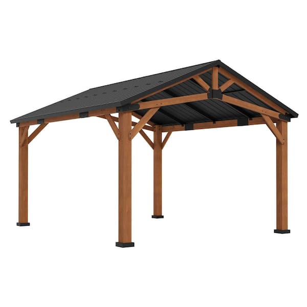 LUE BONA Hampton 12 ft. x 14 ft. Yellow Brown Solid Wood Metal Hardtop Gazebo with Iron Pyramid Roof Outdoor Permanent Pavilion