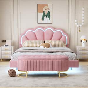 2-Piece Pink Queen Wood Bedroom Set Velvet Upholstered LED Platform Bed Frame with Storage Ottoman