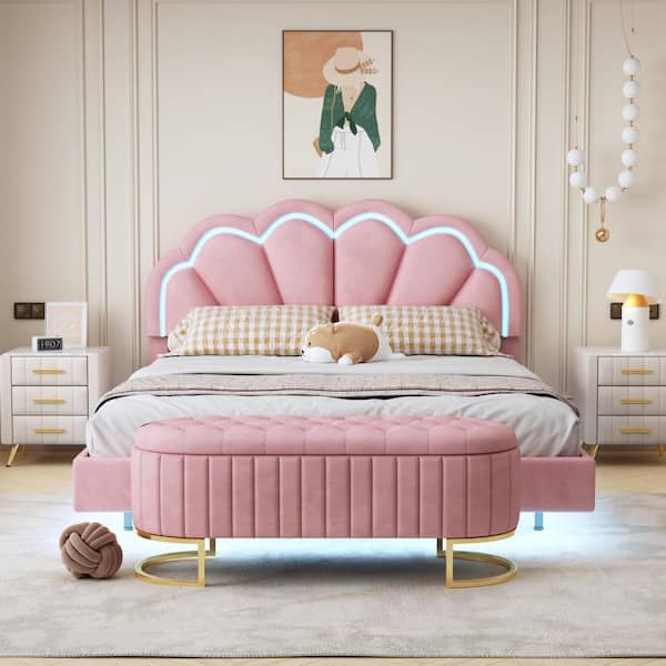 CSC DECOR INC 2-Piece Pink Queen Wood Bedroom Set Velvet Upholstered LED Platform Bed Frame with Storage Ottoman