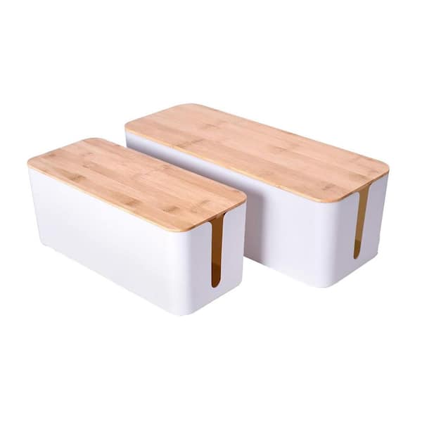 Lukyamzn Cable Management Box Set Large Medium Wooden Style Cord Organizer White 2 Pack