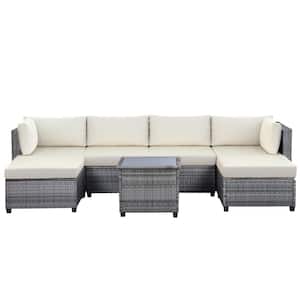 Gray 7-Piece Wicker Patio Conversation Sets with Beige Cushions