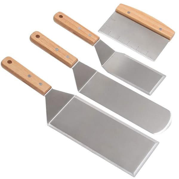 Stainless Steel Metal Spatula Set with Hamburger Turner for BBQ Grill Flat Top Cast Iron Griddle, Silver (3-Pack)