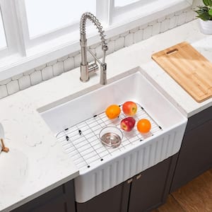 33 in. Farmhouse Apron-Front Kitchen Sink White Single Bowl Fireclay Kitchen Sink, Bottom Grid and Strainer Included