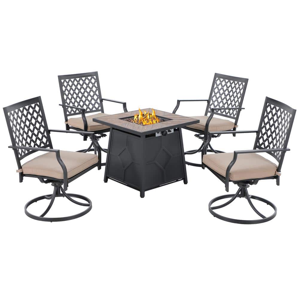 PHI VILLA 5-Piece TerrFab Material Patio Fire Pit Set, 4 Metal Back Swivel Rockers with Beige Cushion - 2