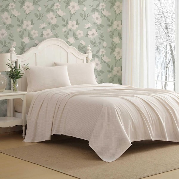 Laura Ashley Oxfordshire Stripe 4-Piece Beige/White Flannel Cotton
