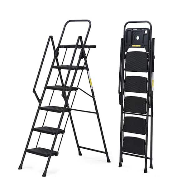 Reach 5.91 ft. Steel Folding Step Ladder with 5-Step Removable Tool Tray Wide Non-Slip Pedals and Handrails Black