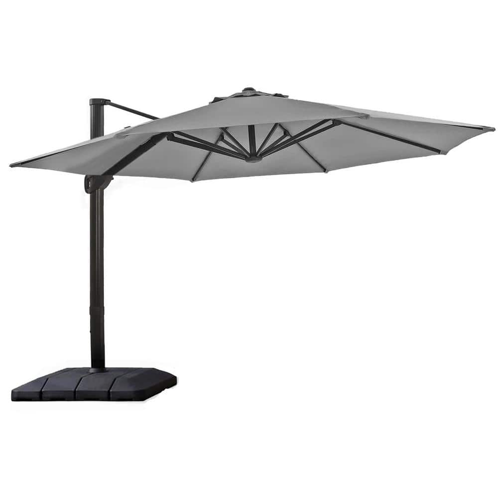 11 ft. Aluminum Cantilever Patio Umbrella in Gray with Weight Base for Deck