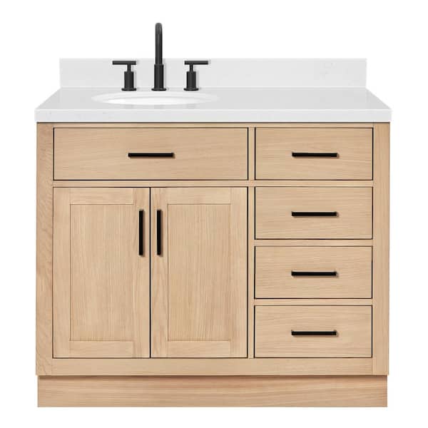 Hepburn 42 in. W x 22 in. D x 36 in. H Single Freestanding Bath Vanity in Oak with Carrara White Quartz Top