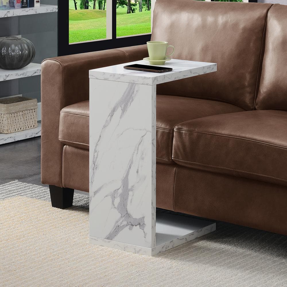 White Faux Marble C-Shaped End Table