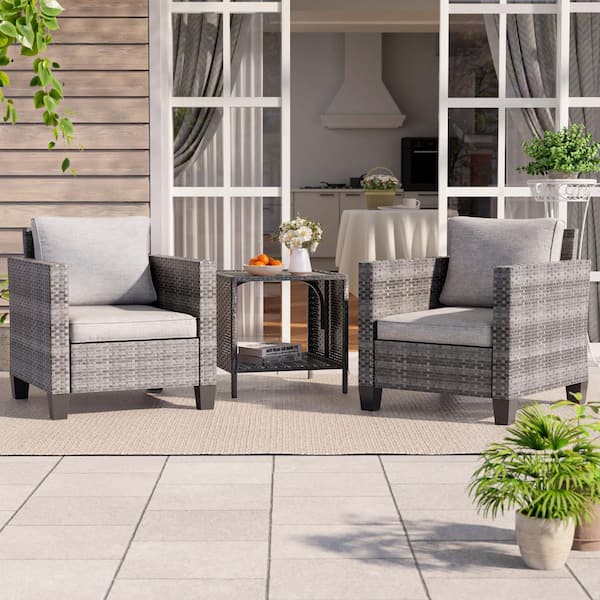 Sonkuki 3-Piece Gray Wicker Patio Outdoor Single Sofa Set Set with Side Table Linen Grey Cushion