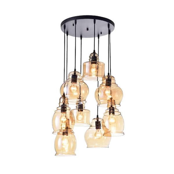 GREENVILLE SIGNATURE Zonza 60-Watt 8-Light Black Cluster Bell Pendant Light with Amber Glass Shades, No Bulbs Included