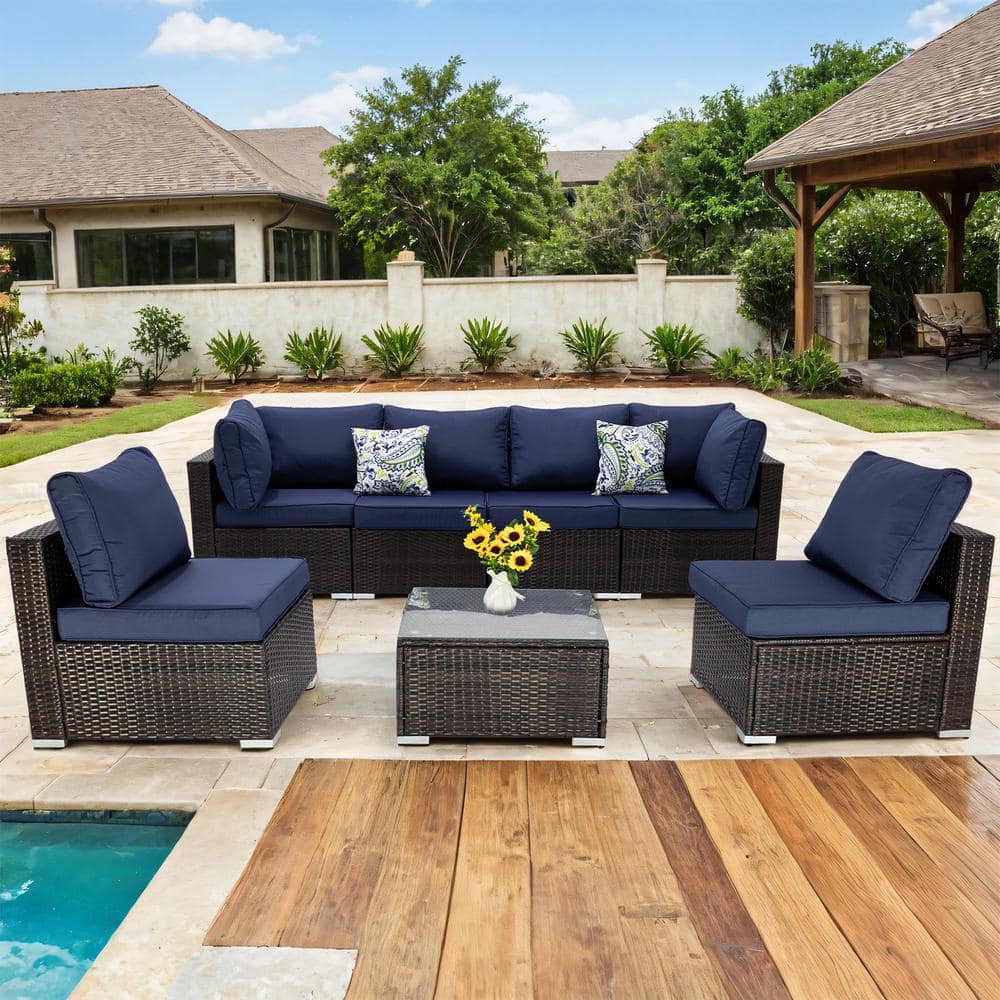 Brown Wicker 7-Piece Patio Outdoor Sectional Sofa Set with Dark blue Cushions and 1-Coffee Table