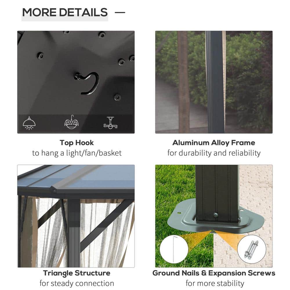 Gray Aluminum Frame Hardtop Gazebo with Polycarbonate Roof and Netting