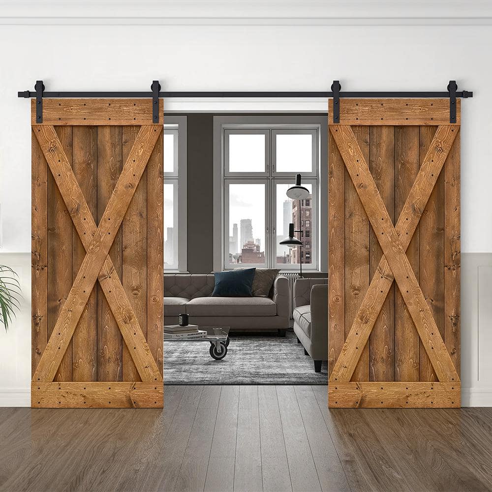 Walnut Stained Knotty Pine Wood Double Sliding Barn Door with Hardware Kit