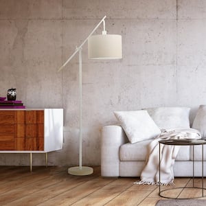 66 in. Matte White Floor Lamp with Faux Wood Accents and Jute Shade, Dimmable Rotary Switch on Socket