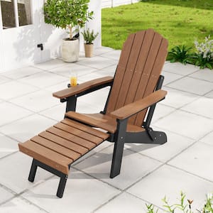 Outdoor Plastic Folding Adirondack Chair with Retractable Ottoman for Lawn, Teak and Black, (Set of 1)
