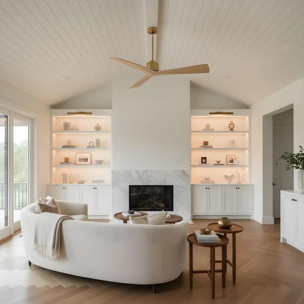 Adler 52 in. Burnished Brass Modern Downrod Mount Standard Ceiling Fan with Remote and Washed White Oak Blades