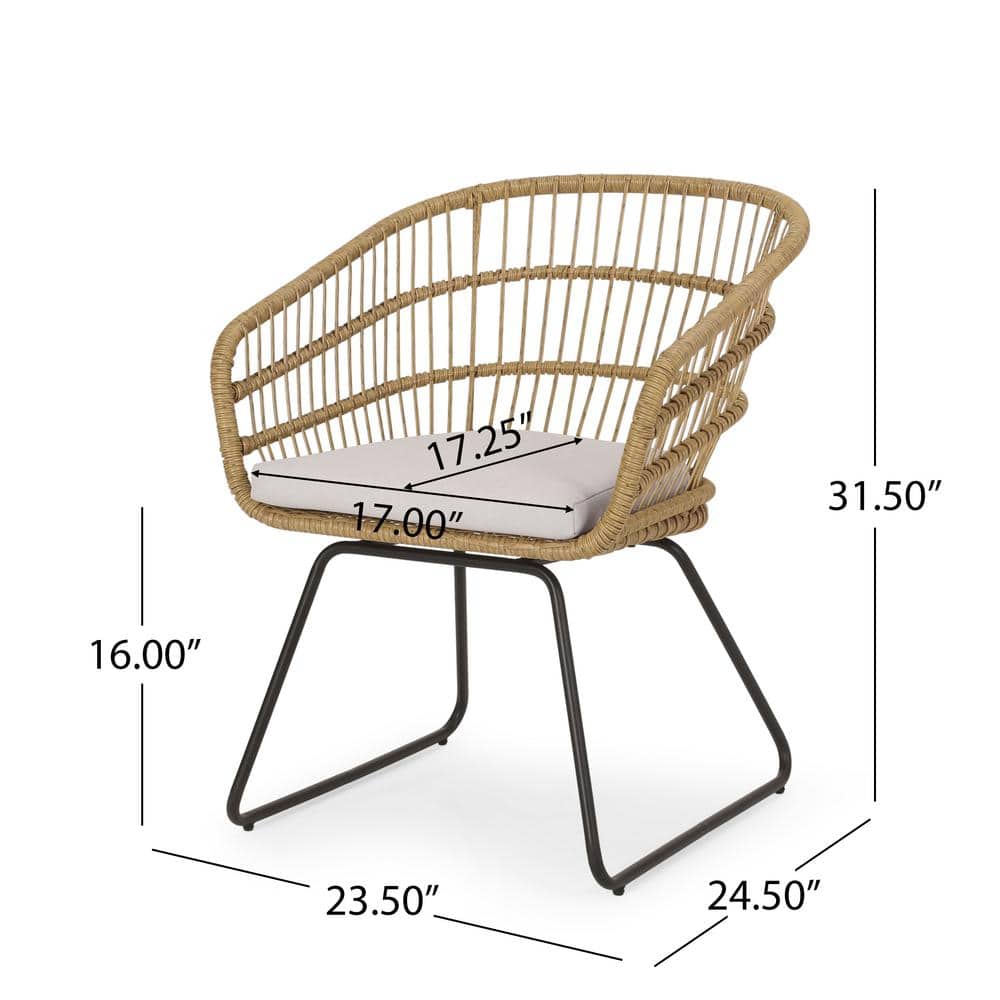 Set of 2 Light Brown and Beige Wicker Outdoor Dining Chairs with Iron Frame