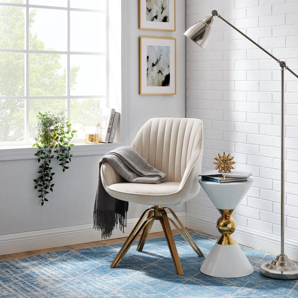 Off-White Contemporary Swivel Accent Chair with Gold Metal Legs
