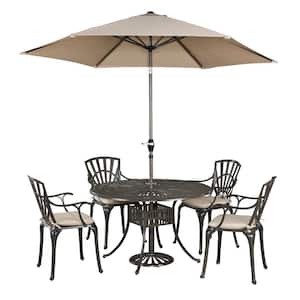 Grenada Taupe Tan 48 in. 5-Piece Cast Aluminum Round Outdoor Dining Set with Umbrella with Tan Cushions