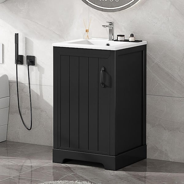 EPOWP 20 in. W x 18.3 in. D x 33 in. H Single Sink Freestanding Bath Vanity in Black with White Ceramic Top and Storage