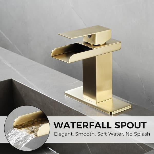 Waterfall Single Hole Single-Handle Low-Arc Bathroom Faucet in Brushed Gold