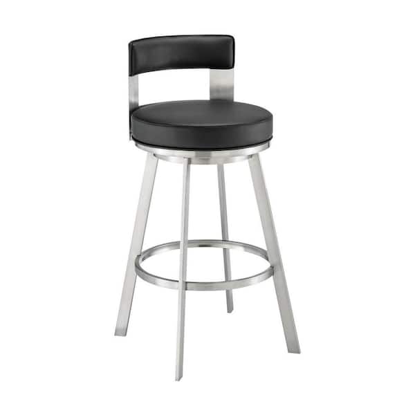 Benjara 30 in. Silver and Black Low Back Metal Frame Barstool with Faux Leather Seat