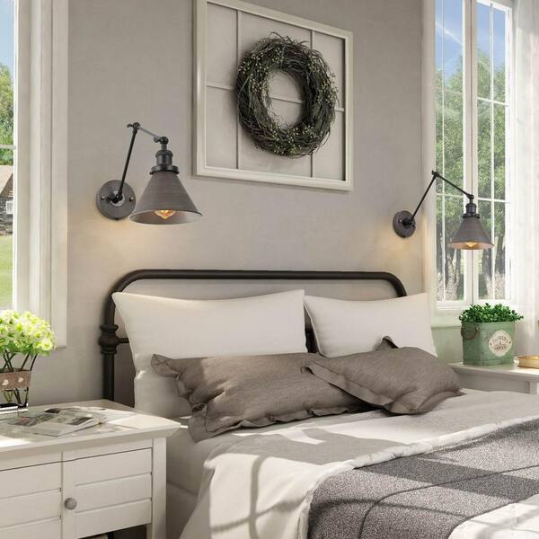 Lnc 1 Light Black And Gray Plug In Or Hardwire Modern Industrial Adjustable Swing Arms Wall Sconce With Bell Lampshade A03466 The Home Depot Lnc 1 Light Black And Gray Plug In Or, Contemporary Bedroom Wall Lamps Plug In