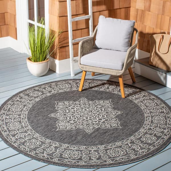Courtyard Black/Ivory 7 ft. x 7 ft. Round Medallion Indoor/Outdoor Patio  Area Rug