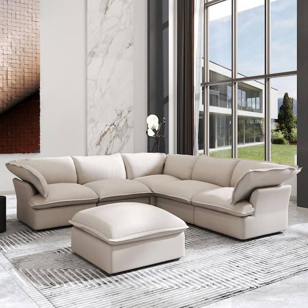 122.8 in. Flared Arm L Shaped linen 7-Seat Deep Seat 6-piece Sectional Sofa Beige for Living Room and Spacious Space