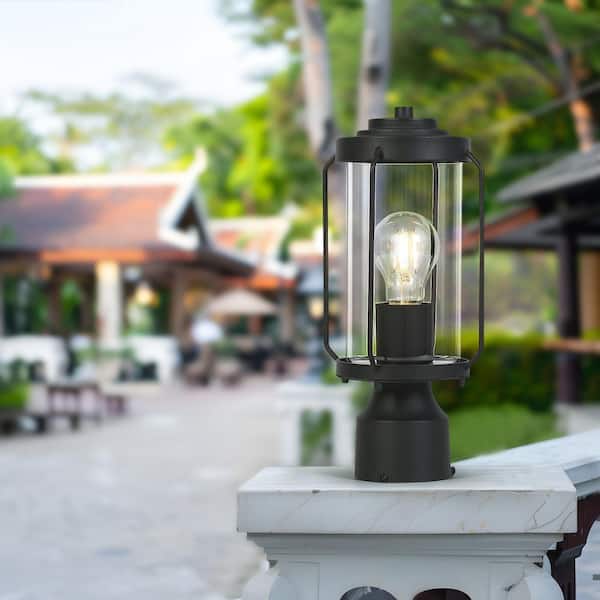 1-Light Black Metal Modern Outdoor Weather Resistant Pier Mount Light Post Lantern with LED