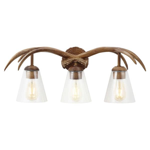 Wyatt 25.5 in. 3-Light Southwestern Bohemian Resin/Seeded Glass Faux Antler LED Vanity Light, Brown Wood Finish