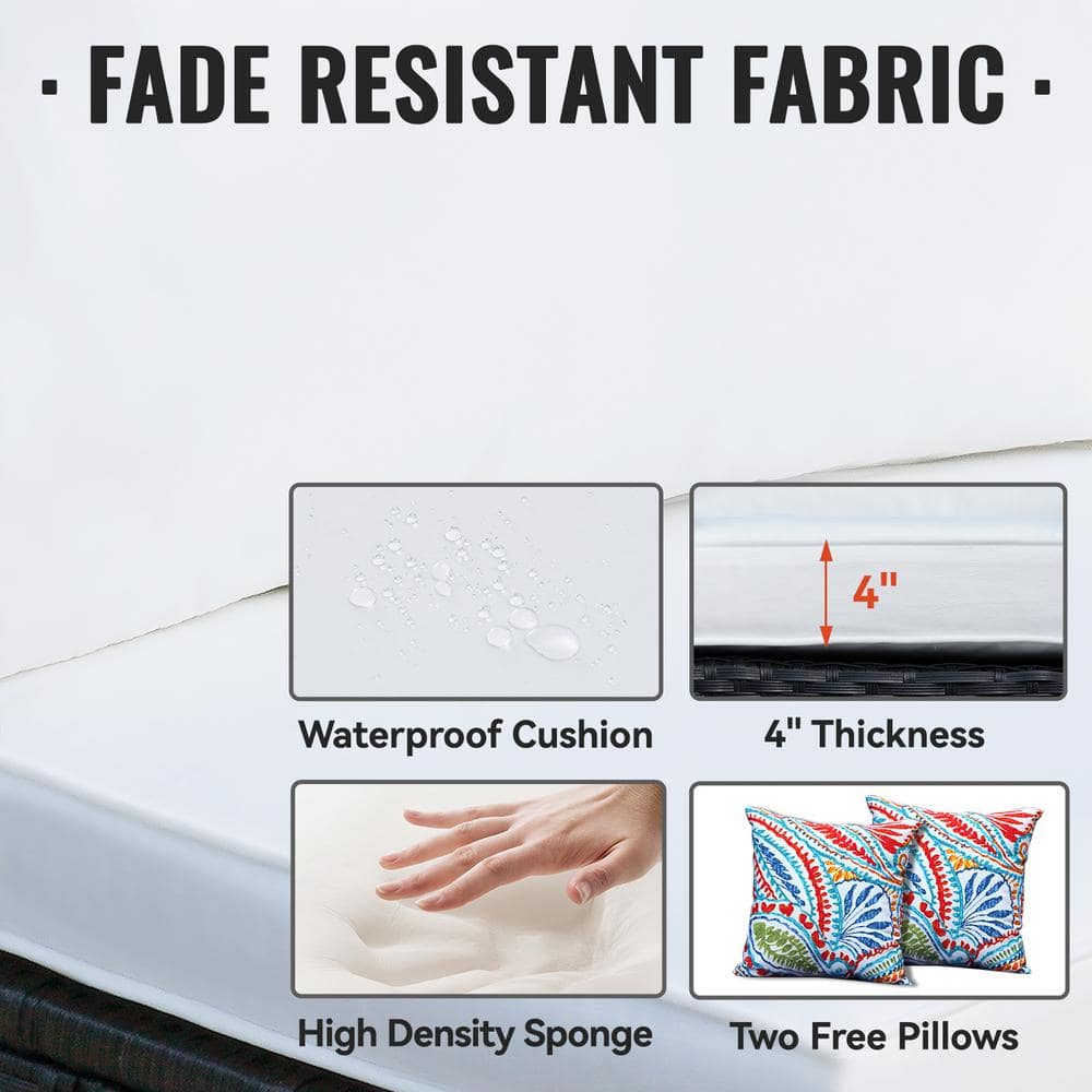 Close-up features of the fade-resistant beige cushion fabric and high-density sponge.