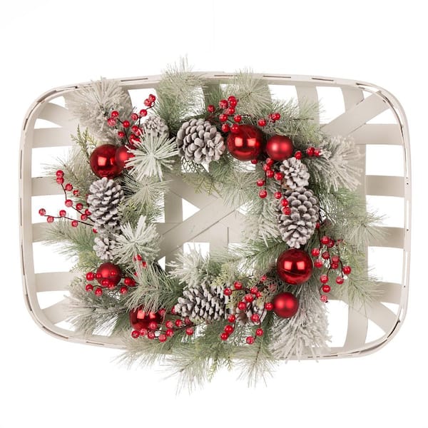 Glitzhome 24 in. Artificial Dia Flocked Pinecone and Ornament Wreath with Wooden Tobacco Basket
