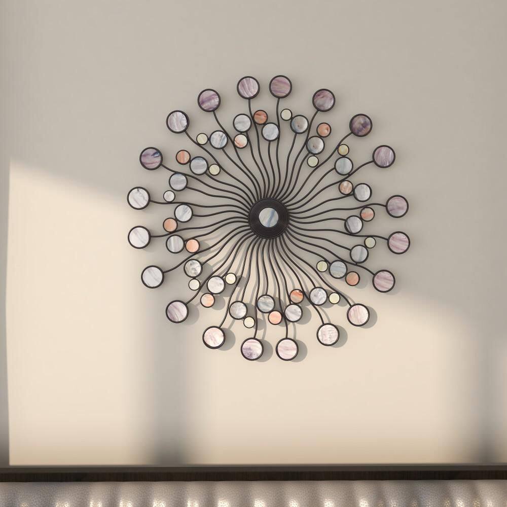 Multi-Colored Iron Sunburst Wall Sculpture with Marble Accents