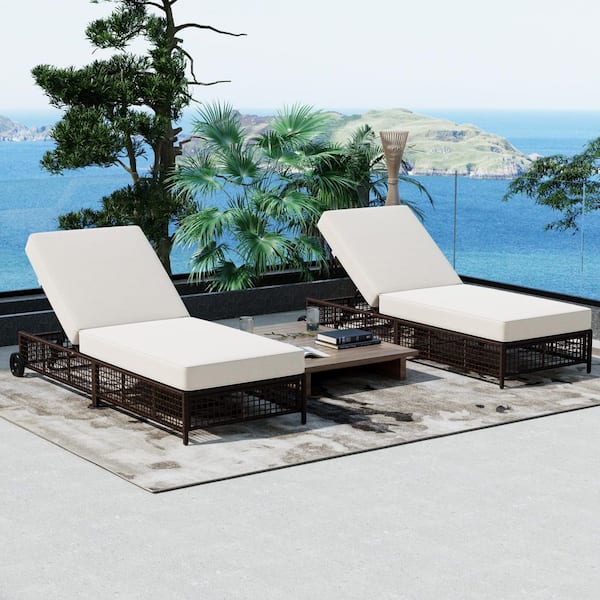 Sudzendf Brown Metal Outdoor Patio Lounge Chair with Beige Cushion and Wheels, 5-Position Backrest for Backyard, Garden (2-Pack)