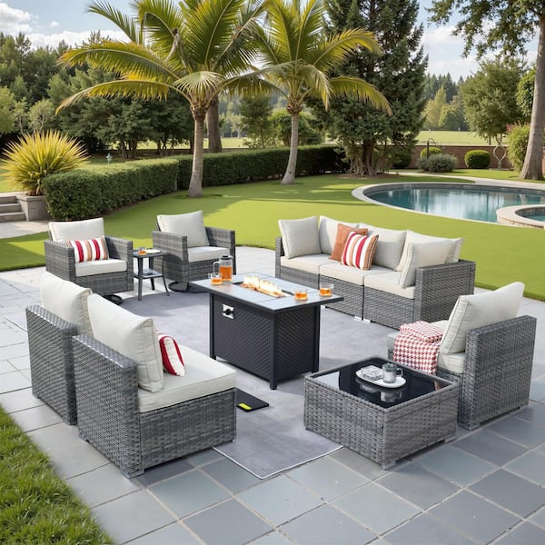 Sanibel Gray 11-Piece Wicker Patio Conversation Fire Pit Sectional Sofa Set with Swivel Chairs and Beige Cushions